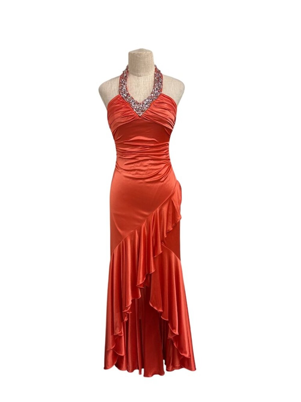 Vintage Y2K Deb Burnt Orange Coral Halter Dress Beaded Neckline High Low Ruffle
